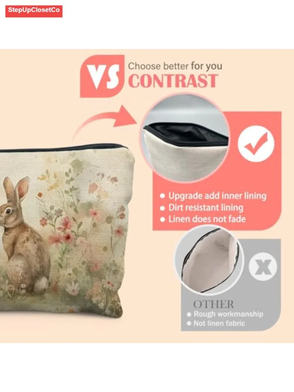 Floral Bunny Makeup Bag, Vintage Cottagecore Cosmetic Pouch for Women,